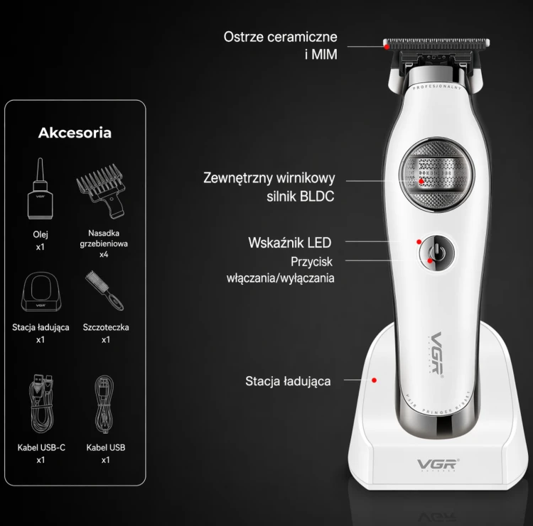 Trymer barberski VGR V-880T Rotatech biały bezprzewodowy specyfikacja