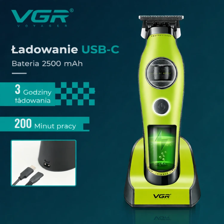 ezprzewodowy trymer barberski VGR V-880T zielony z ładowaniem USB-C