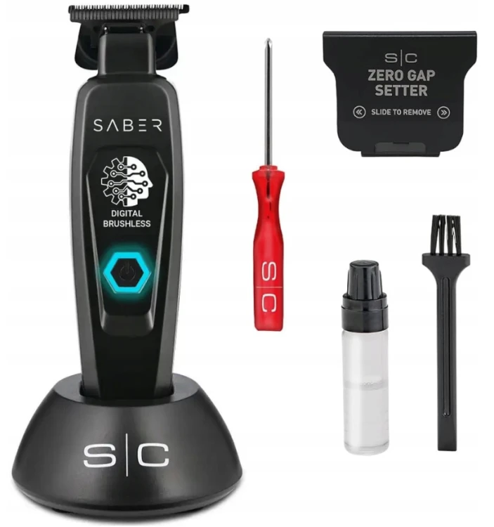 Trymer barberski StyleCraft Saber Black z akcesoriami i stacją ładującą