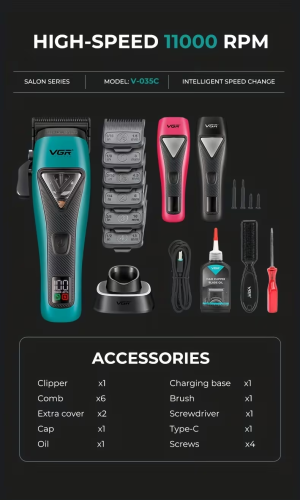Maszynka VGR V-035C Vector Motor LED z opisem funkcji i akcesoriów