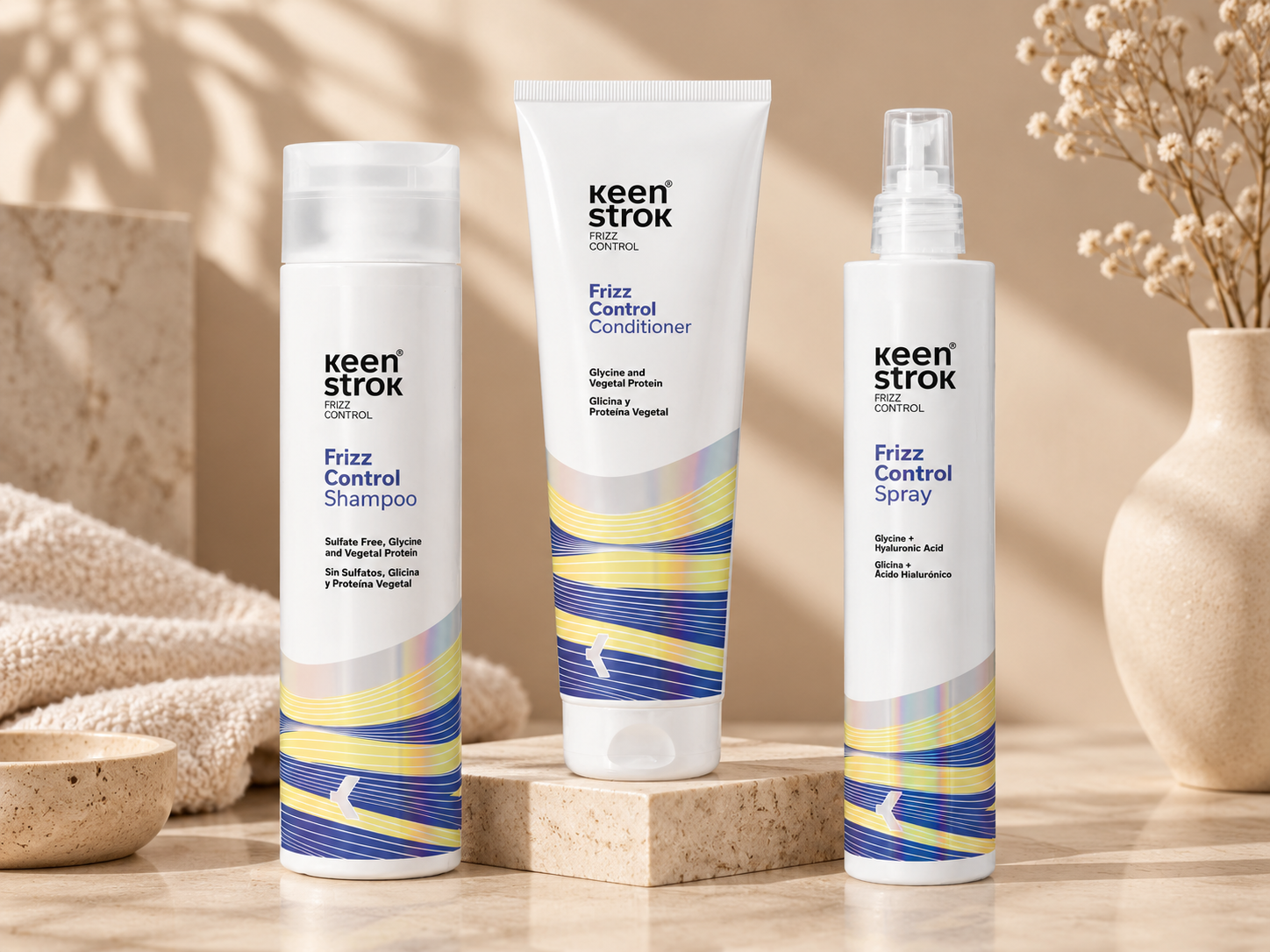 Keen Strok Frizz Control – szampon odżywka i spray przeciw puszeniu włosów
